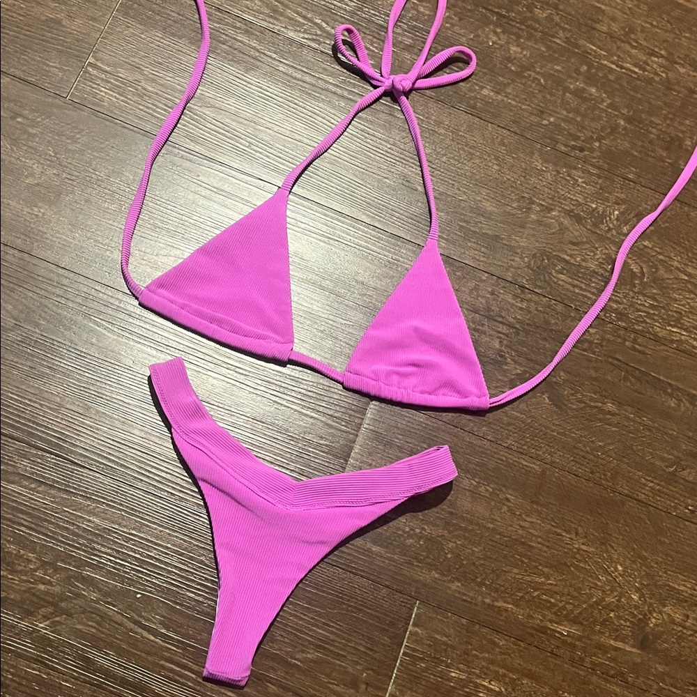 Demon Bikini Purple Ribbed Triangle Top Thong Bottom Bikini Set Swim Handmade